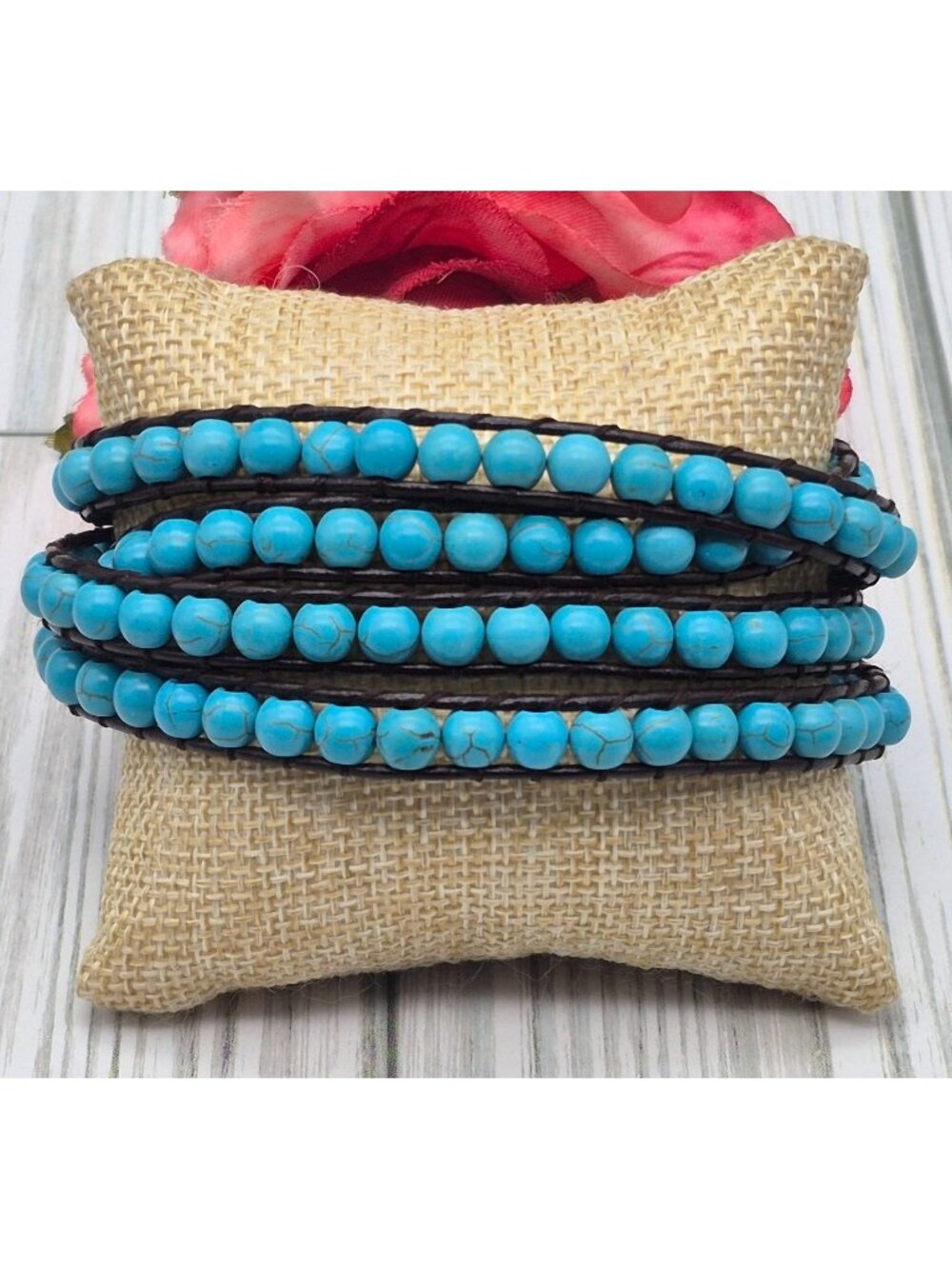 Victoria Emerson Blue Turquoise Stone Beads Brown Leather Cord Wrap Bracelet 36"